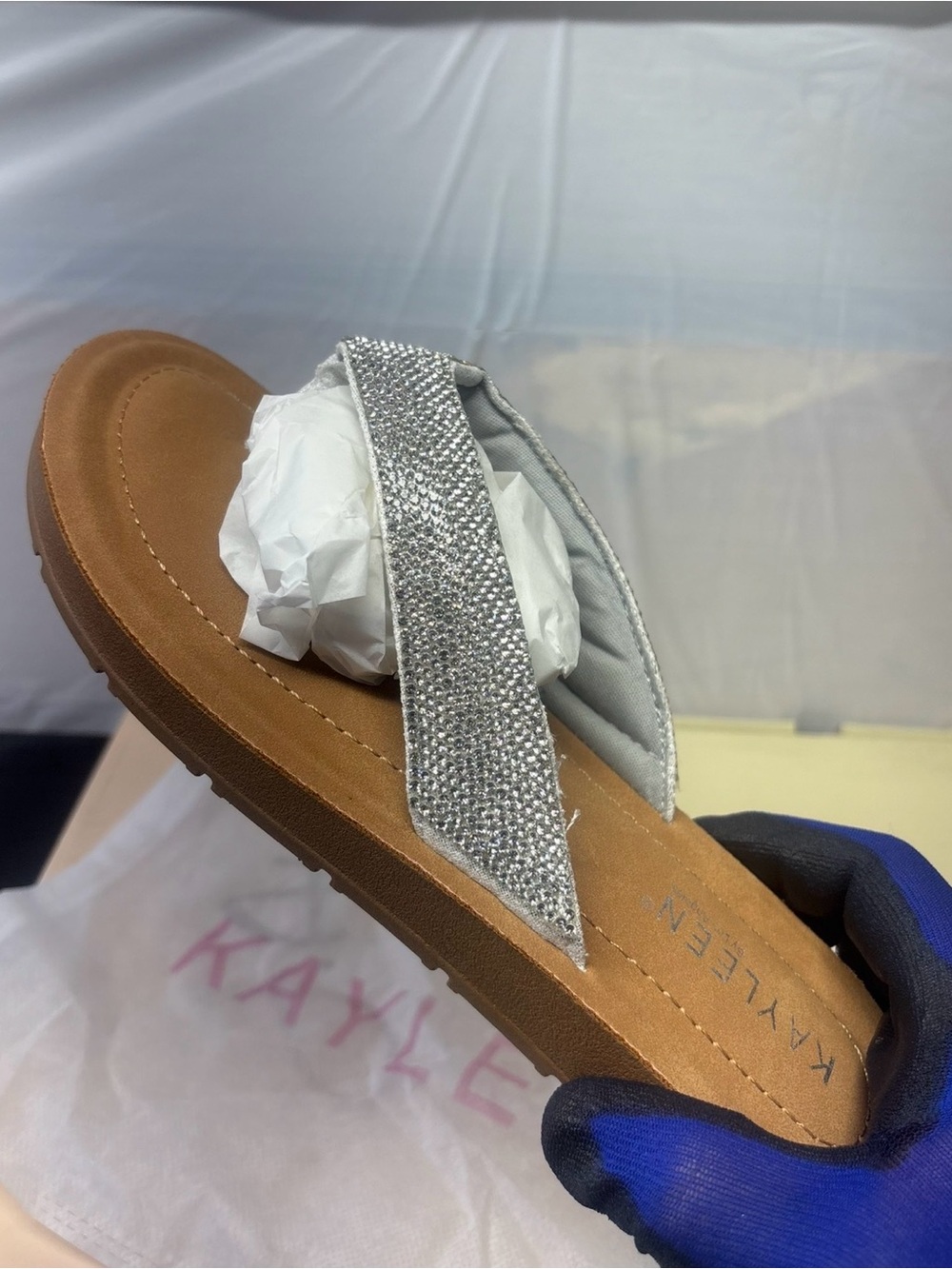 KAYLEEN By Los Angeles Silver Rhinestone Thong Sandal with Tan Footbed